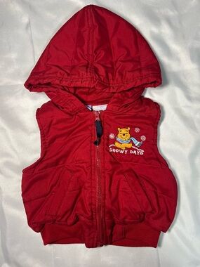 Vtg Disney Baby Winnie Pooh Hooded Vest 12M Red‎ Zip Snow Days Y2K